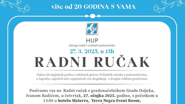 Radni ručak s gradonačelnikom Grada Osijeka, 27.3.2025, u 13 sati, Hotel Materra, Terra Negra Event Room